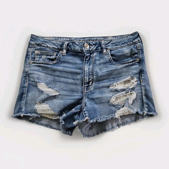 American Eagle Shorts Women 12 Blue Distressed Lace Cotton Stretch Beach Boho - Picture 1 of 16